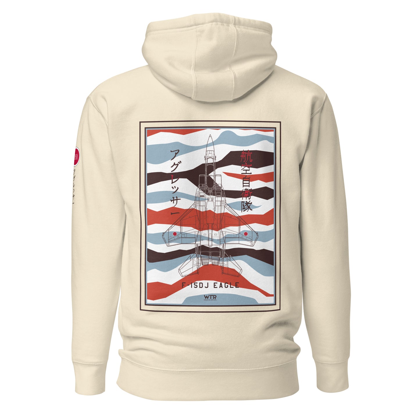 Hand-drawn schematic of the Mitsubishi F-15DJ Eagle Aggressor Minokasago Lionfish camouflage livery printed on a unisex hoodie.