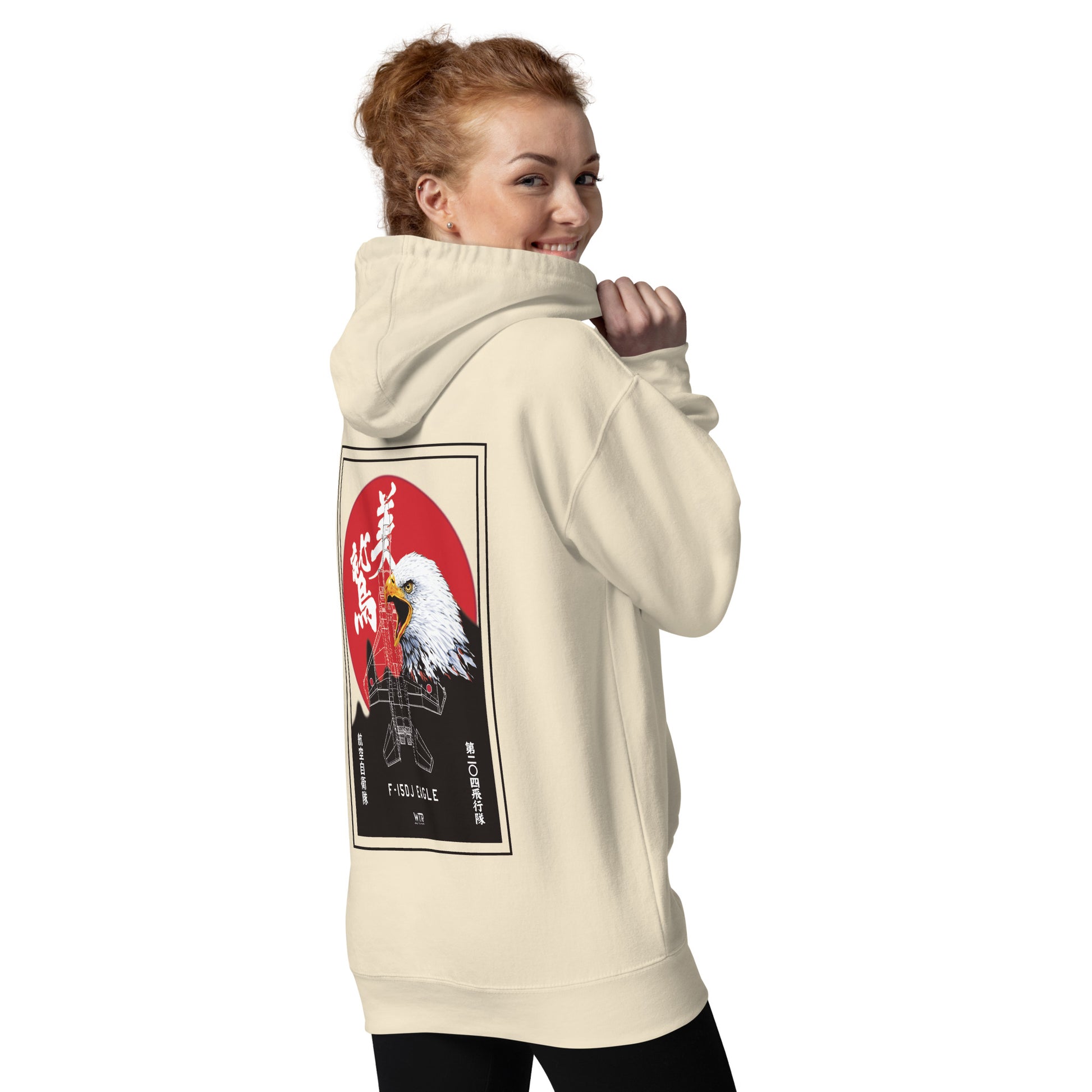 Hand-drawn schematic of the Mitsubishi F-15J Eagle 204th Tactical Fighter Squadron 2024 Churashima Air Fiesta livery on a hoodie.