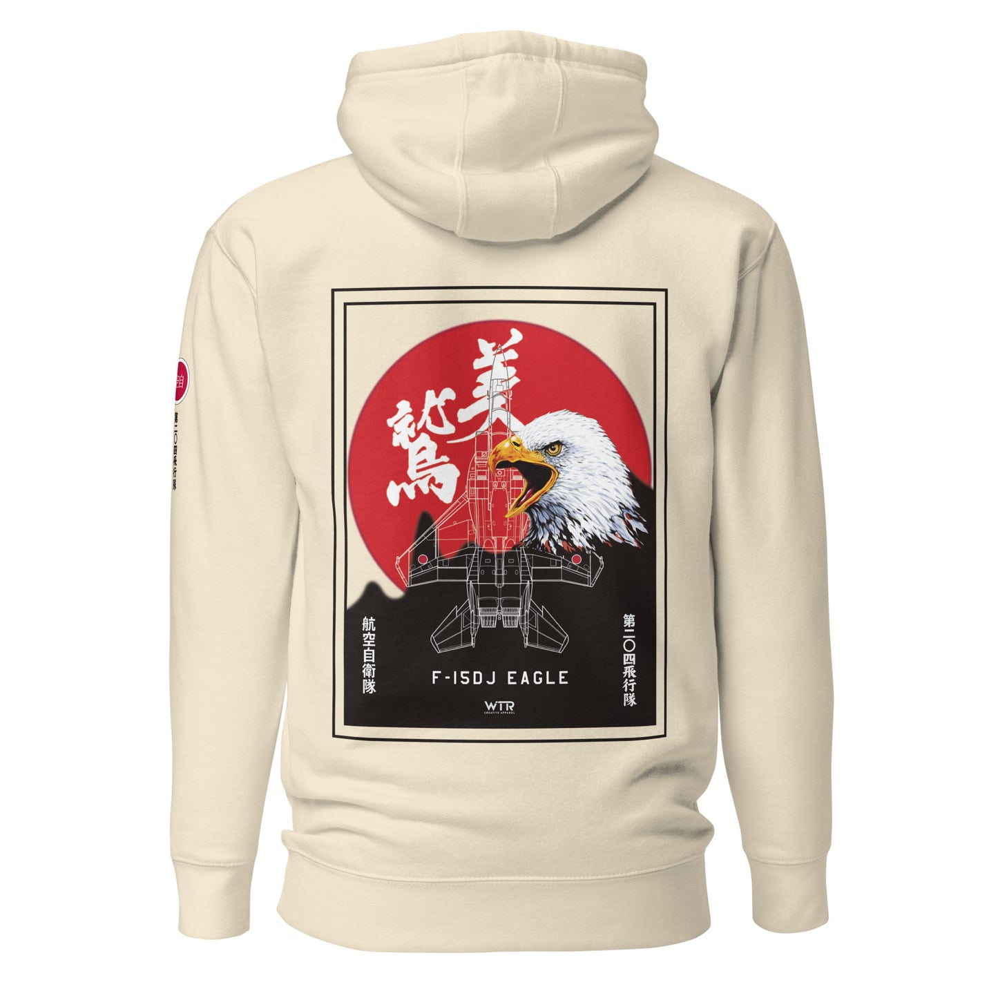 Hand-drawn schematic of the Mitsubishi F-15J Eagle 204th Tactical Fighter Squadron 2024 Churashima Air Fiesta livery on a hoodie.
