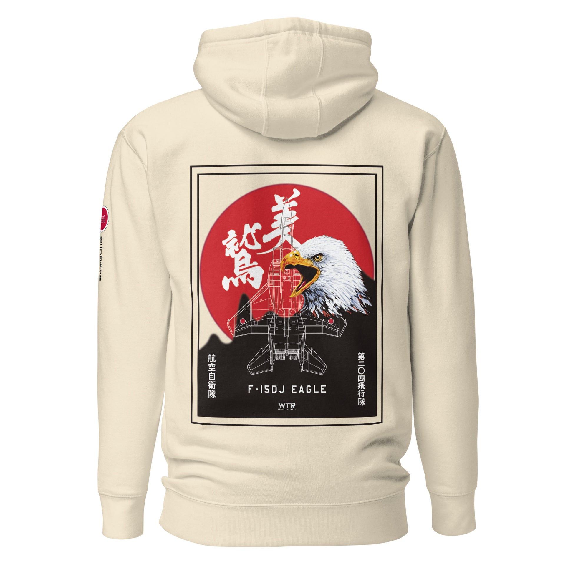 Hand-drawn schematic of the Mitsubishi F-15J Eagle 204th Tactical Fighter Squadron 2024 Churashima Air Fiesta livery on a hoodie.