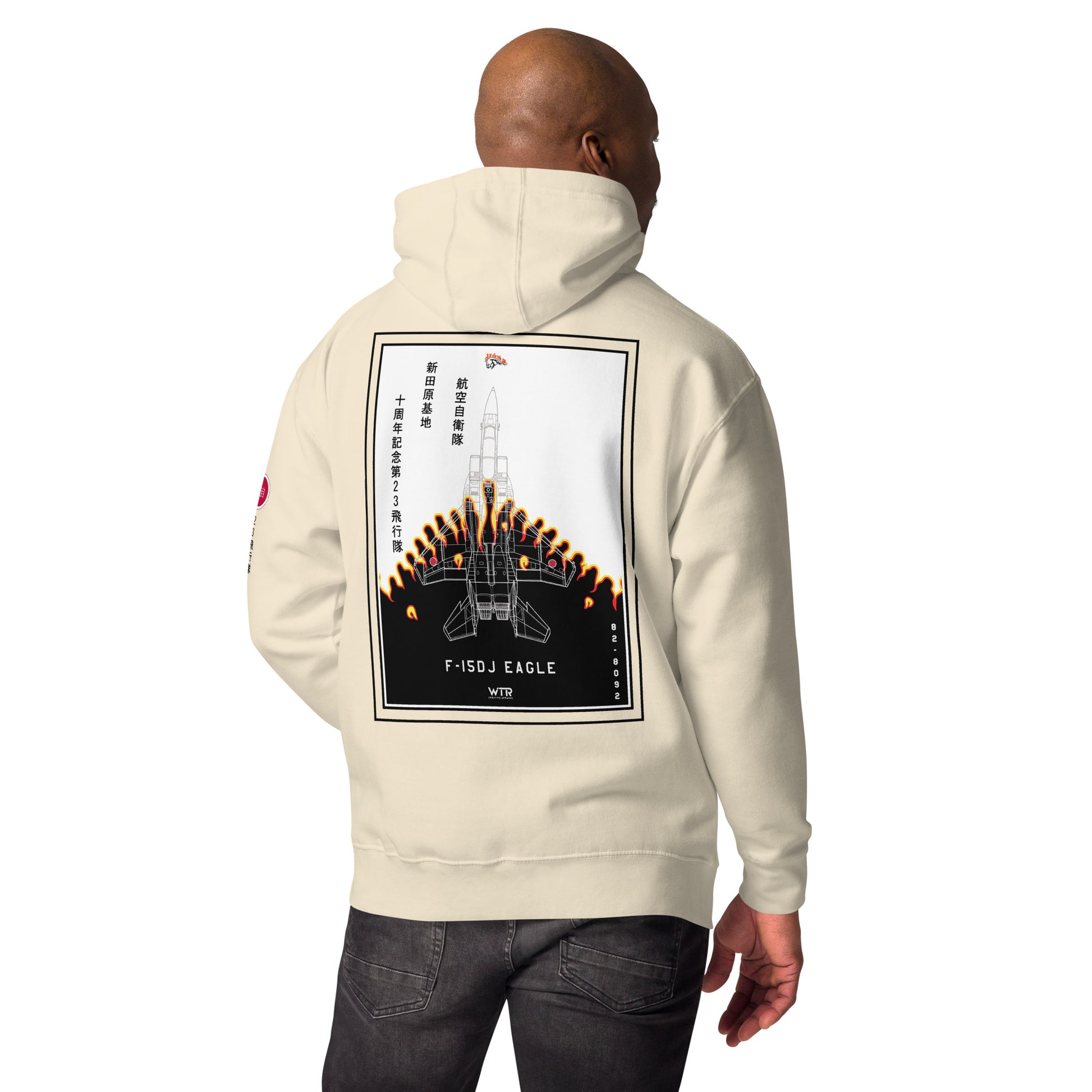 Hand-drawn schematic of the Mitsubishi F-15DJ Eagle 23rd Fighter Squadron 10th Anniversary Flame Edition livery on a unisex hoodie.