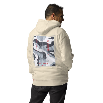 Hand-drawn technical schematic of the Mitsubishi F-15J Eagle JSDAF Aggressor camouflage livery printed on a unisex hoodie.