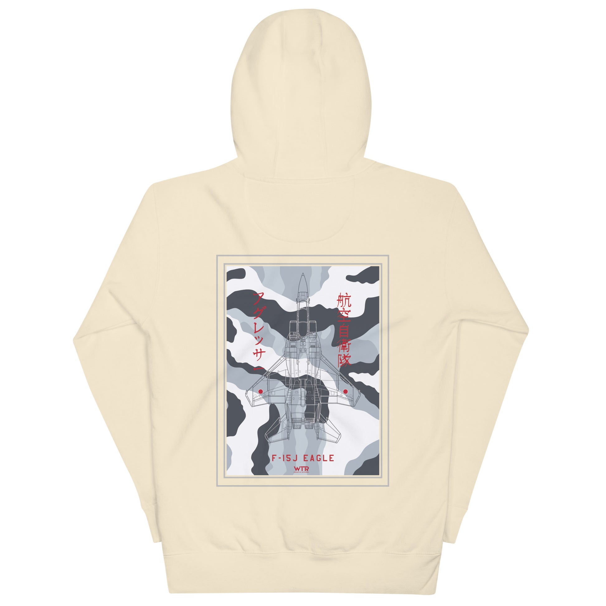 Hand-drawn technical schematic of the Mitsubishi F-15J Eagle JSDAF Aggressor camouflage livery printed on a unisex hoodie.