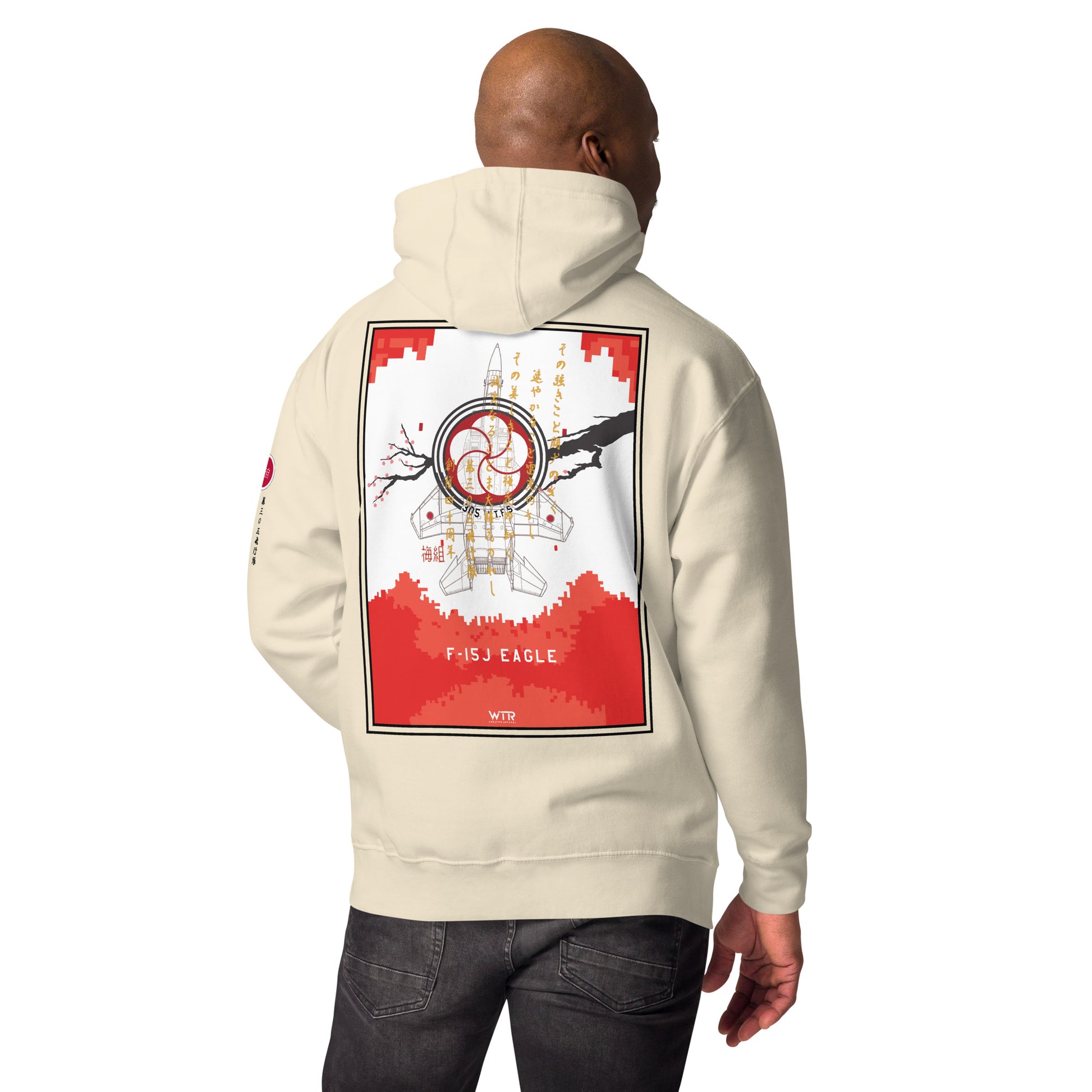 Hand-drawn schematic of the Mitsubishi F-15J Eagle 305th Tactical Fighter Squadron 40 Years Anniversary livery on a unisex hoodie.