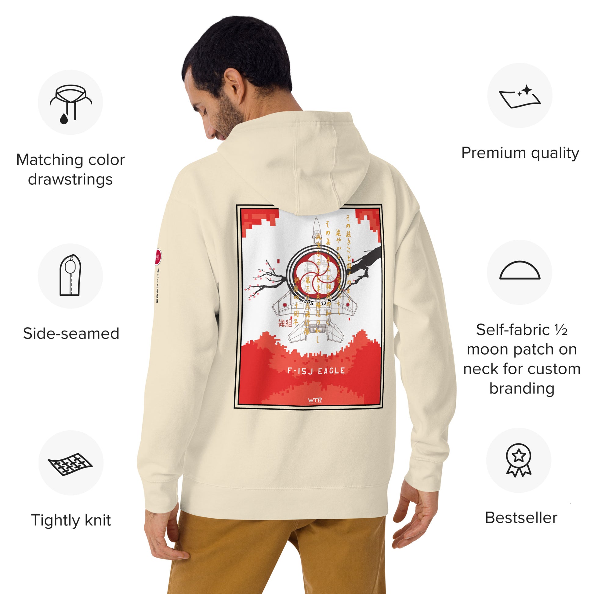 Hand-drawn schematic of the Mitsubishi F-15J Eagle 305th Tactical Fighter Squadron 40 Years Anniversary livery on a unisex hoodie.