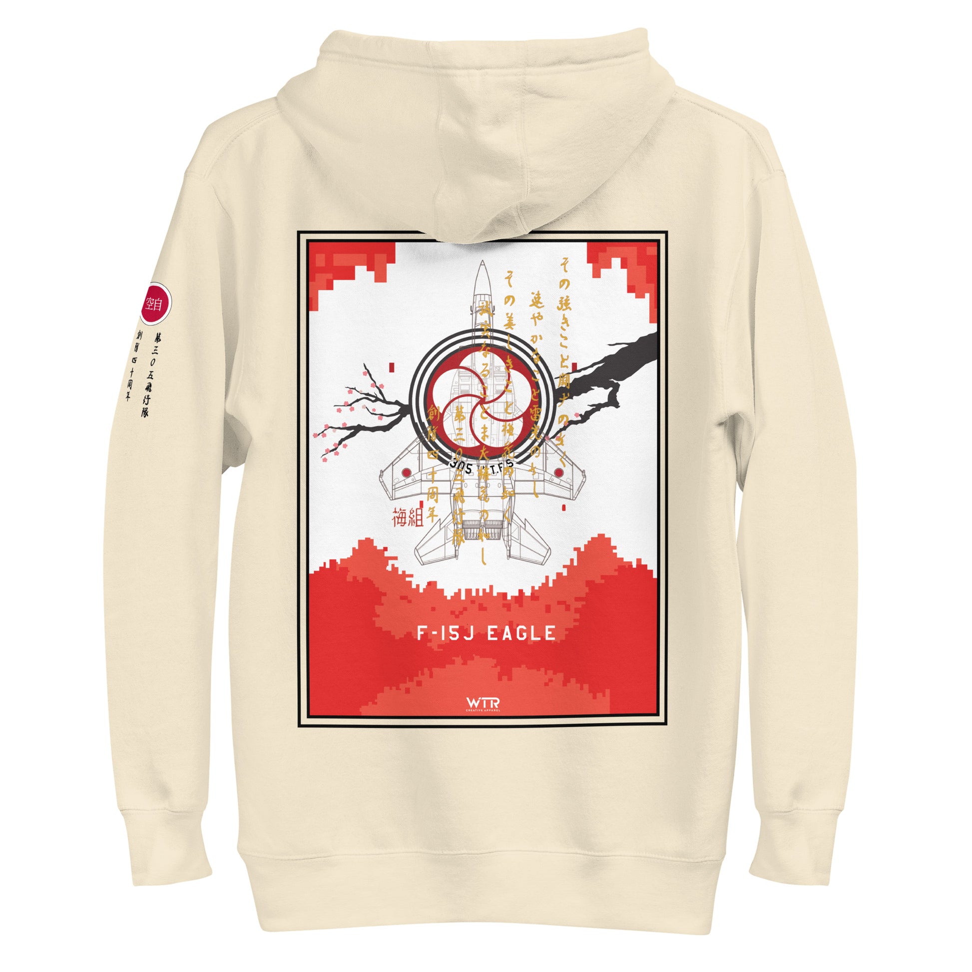 Hand-drawn schematic of the Mitsubishi F-15J Eagle 305th Tactical Fighter Squadron 40 Years Anniversary livery on a unisex hoodie.