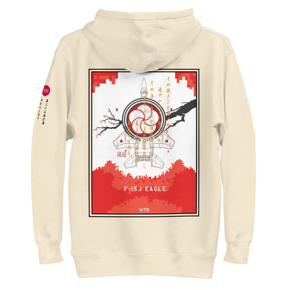 Hand-drawn schematic of the Mitsubishi F-15J Eagle 305th Tactical Fighter Squadron 40 Years Anniversary livery on a unisex hoodie.