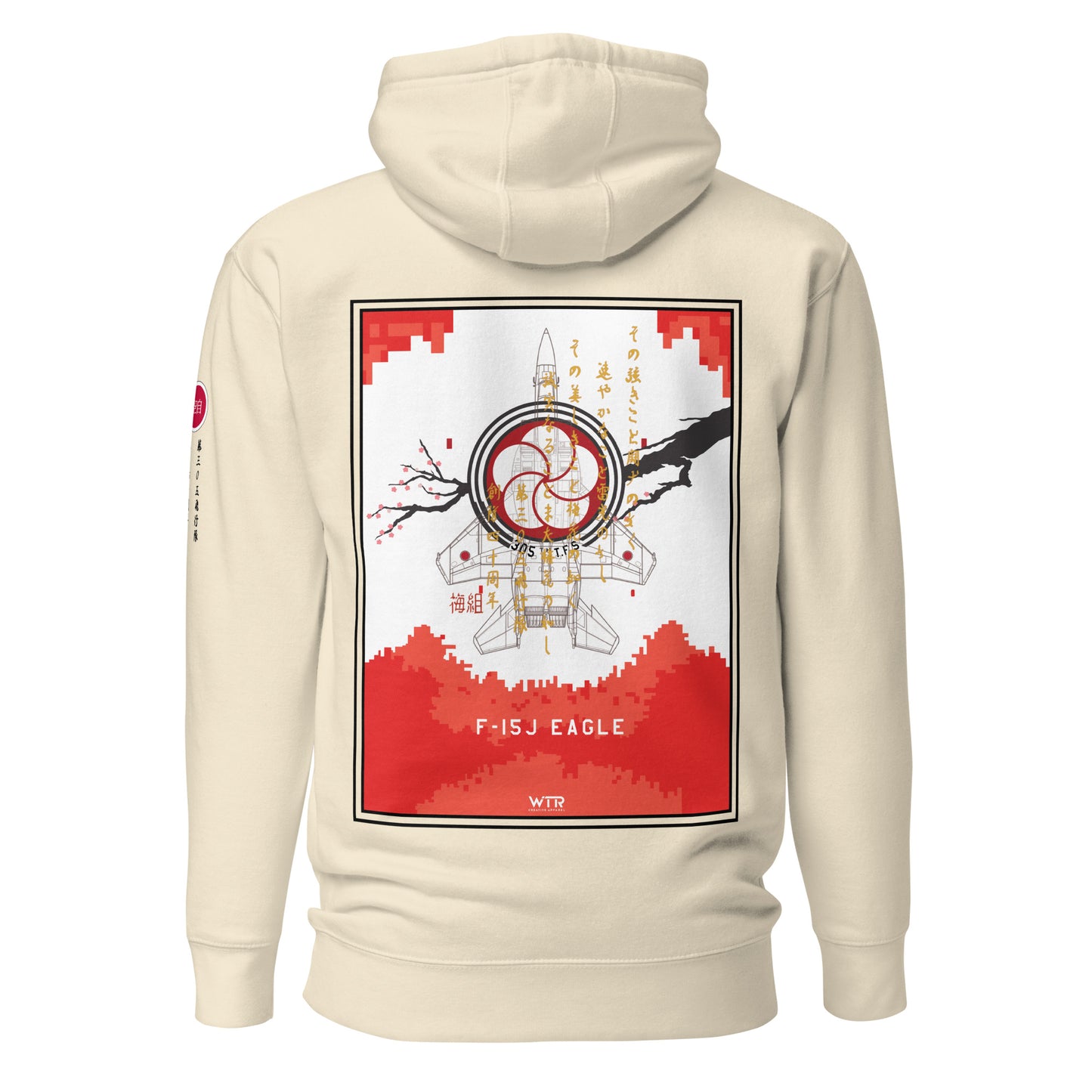 Hand-drawn schematic of the Mitsubishi F-15J Eagle 305th Tactical Fighter Squadron 40 Years Anniversary livery on a unisex hoodie.