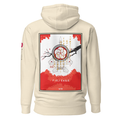 Hand-drawn schematic of the Mitsubishi F-15J Eagle 305th Tactical Fighter Squadron 40 Years Anniversary livery on a unisex hoodie.