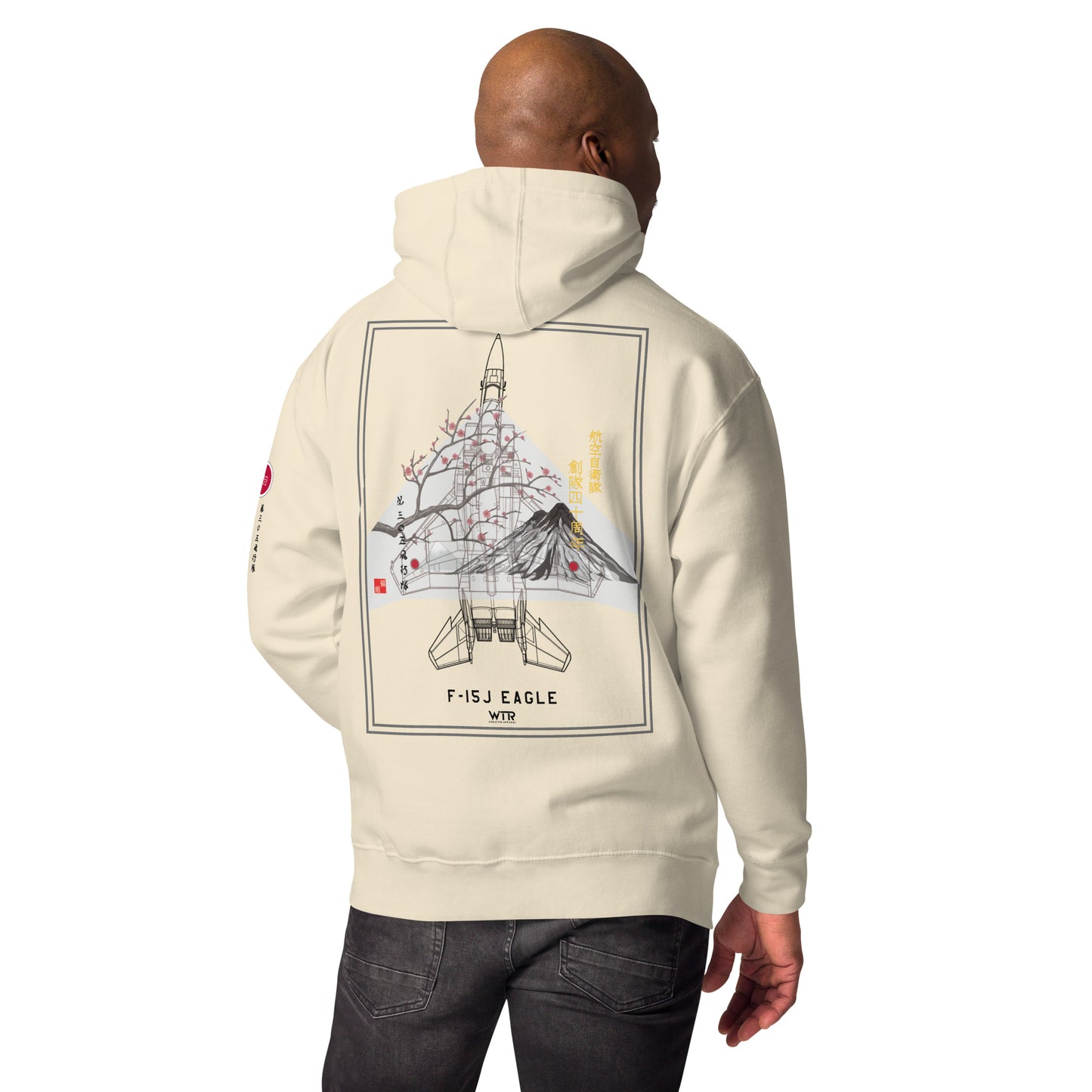 Hand-drawn schematic of the Mitsubishi F-15J Eagle 305th Tactical Fighter Squadron 50 Years Anniversary livery on a unisex hoodie.
