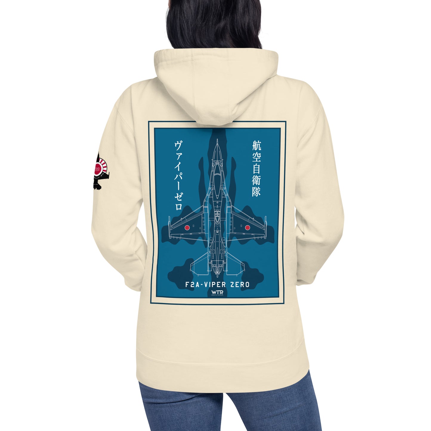 Hand-drawn schematic of the Mitsubishi F-2A Viper Zero in Maritime Blue Camouflage livery printed on a comfortable unisex hoodie.