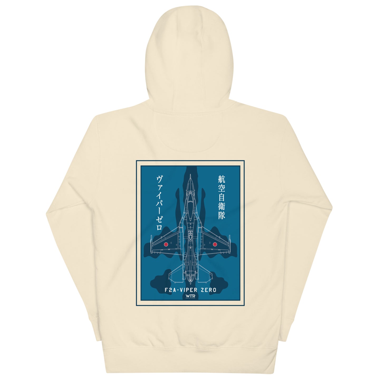 Hand-drawn schematic of the Mitsubishi F-2A Viper Zero in Maritime Blue Camouflage livery printed on a comfortable unisex hoodie.