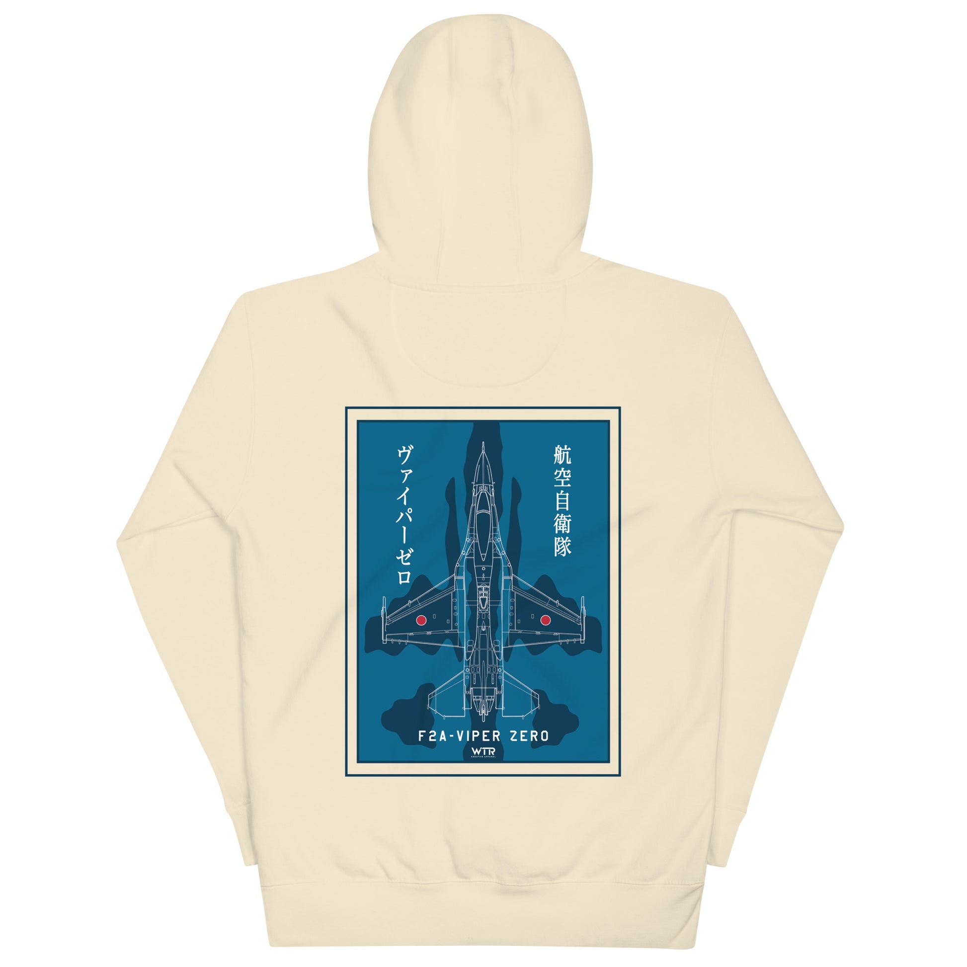 Hand-drawn schematic of the Mitsubishi F-2A Viper Zero in Maritime Blue Camouflage livery printed on a comfortable unisex hoodie.