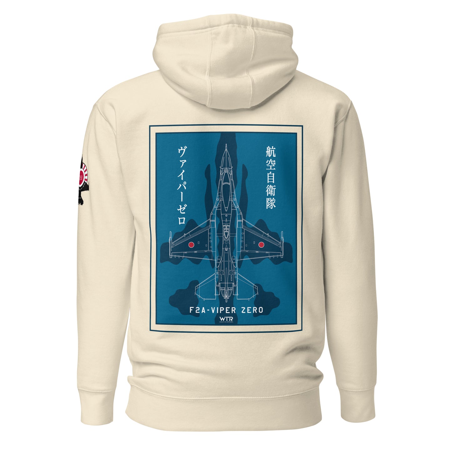 Hand-drawn schematic of the Mitsubishi F-2A Viper Zero in Maritime Blue Camouflage livery printed on a comfortable unisex hoodie.