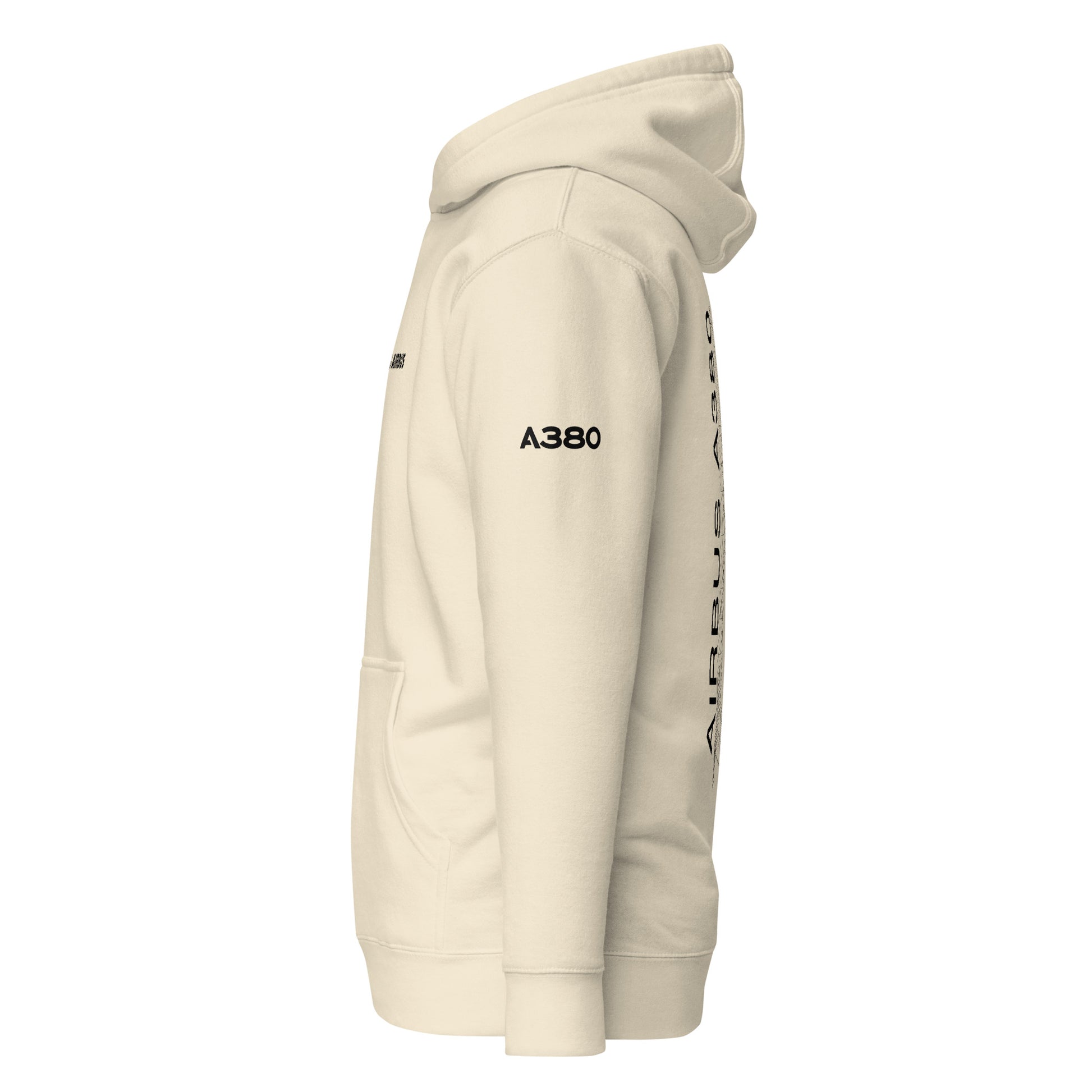 Hand-drawn schematic of the AIRBUS A380 SUPERJUMBO printed on a unisex hoodie.