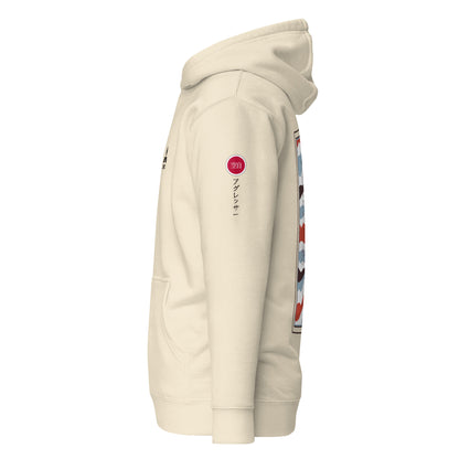 Hand-drawn schematic of the Mitsubishi F-15DJ Eagle Aggressor Minokasago Lionfish camouflage livery printed on a unisex hoodie.