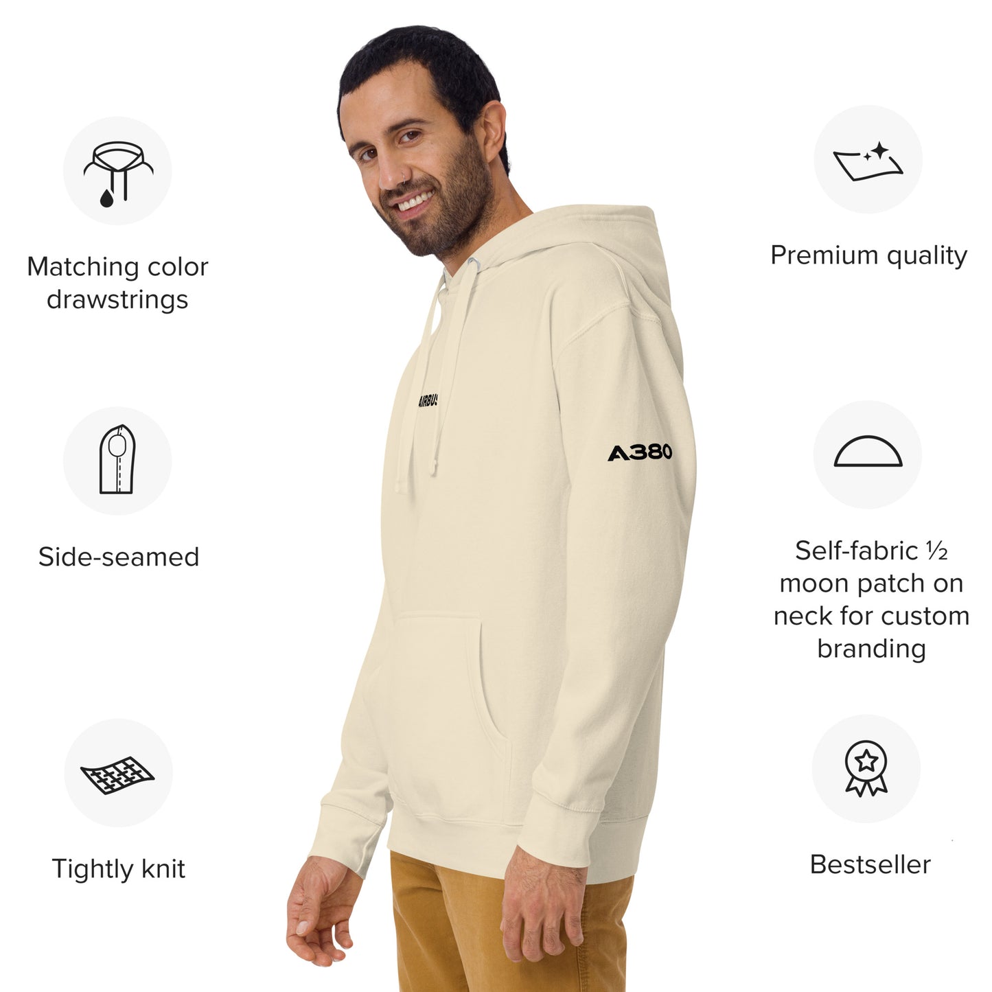 Hand-drawn schematic of the AIRBUS A380 SUPERJUMBO printed on a unisex hoodie.