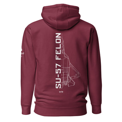 Hand-drawn schematic of the SUKHOI SU‑57 FELON printed on a unisex hoodie.