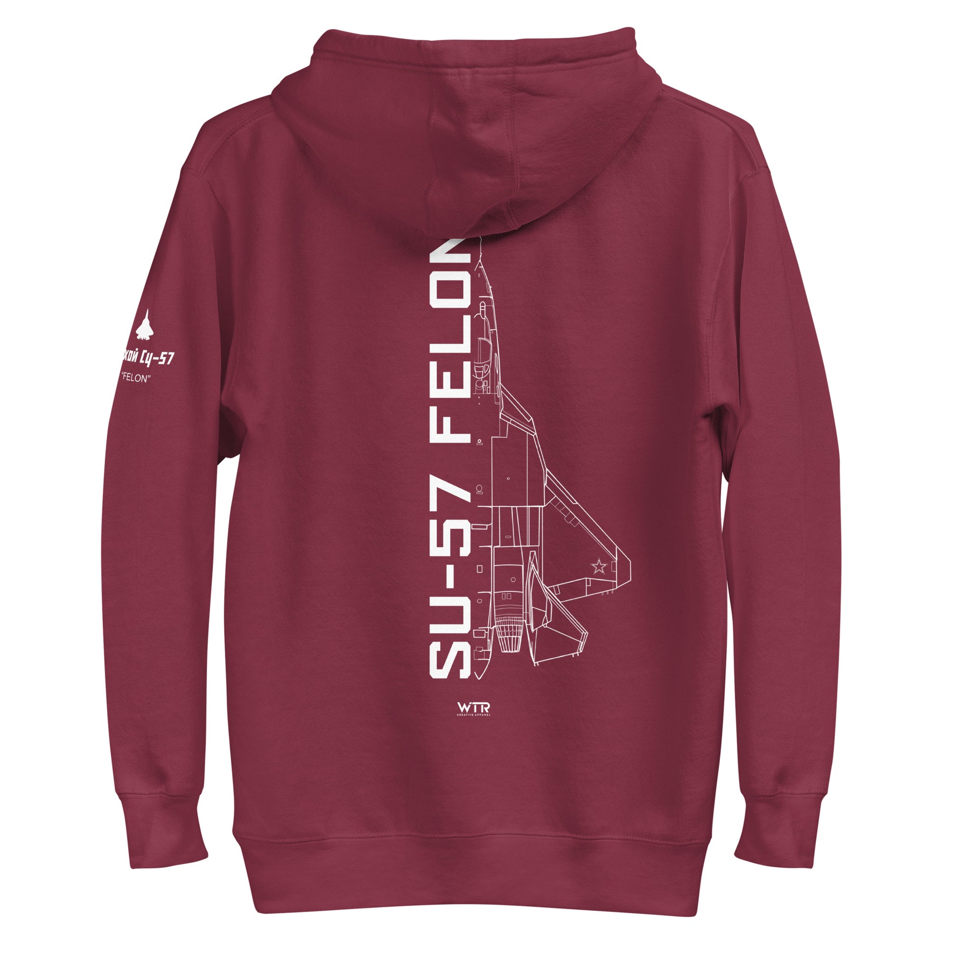 Hand-drawn schematic of the SUKHOI SU‑57 FELON printed on a unisex hoodie.
