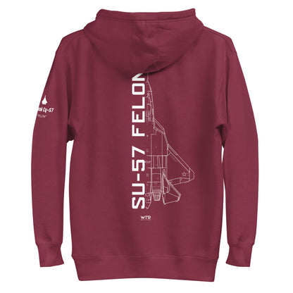 Hand-drawn schematic of the SUKHOI SU‑57 FELON printed on a unisex hoodie.