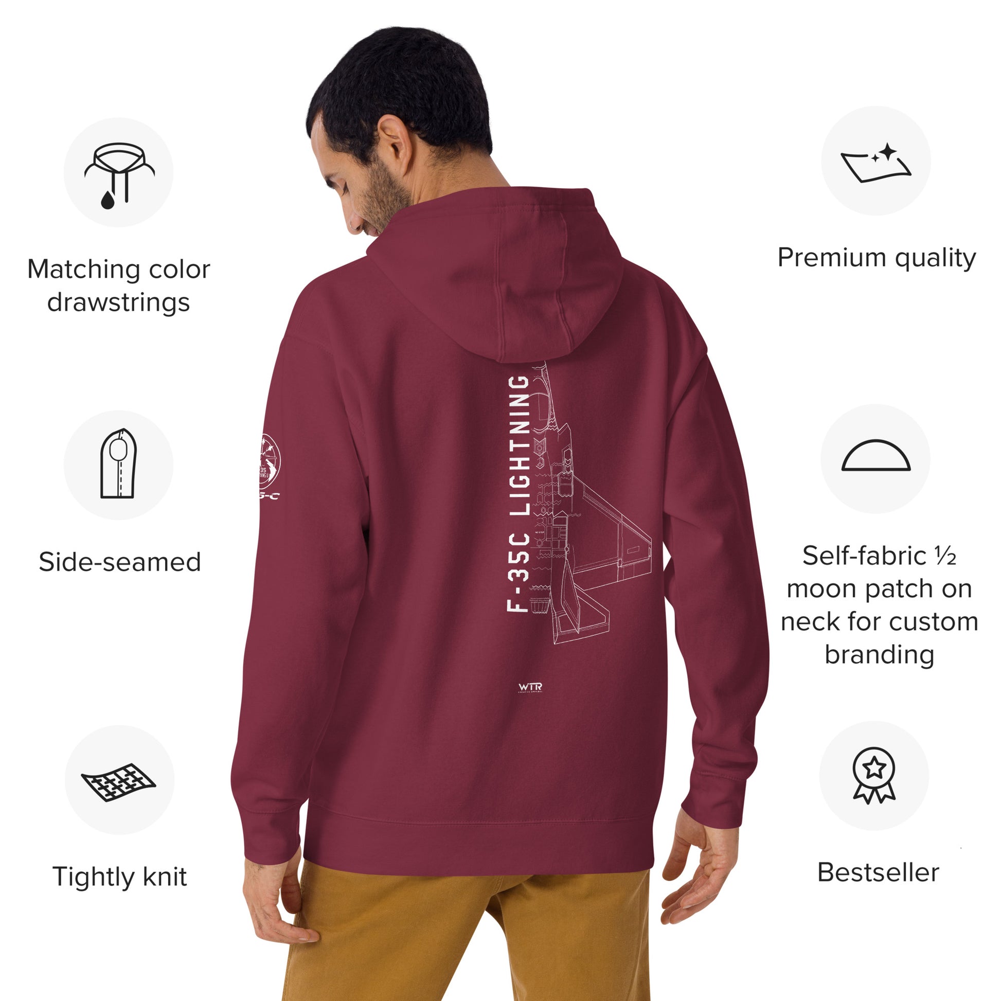 Hand-drawn schematic of the LOCKHEED MARTIN F-35C LIGHTNING II printed on a unisex hoodie.