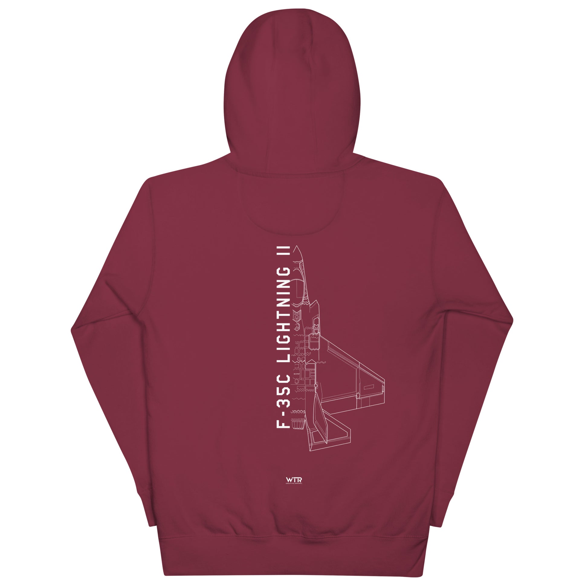 Hand-drawn schematic of the LOCKHEED MARTIN F-35C LIGHTNING II printed on a unisex hoodie.