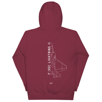 Hand-drawn schematic of the LOCKHEED MARTIN F-35C LIGHTNING II printed on a unisex hoodie.