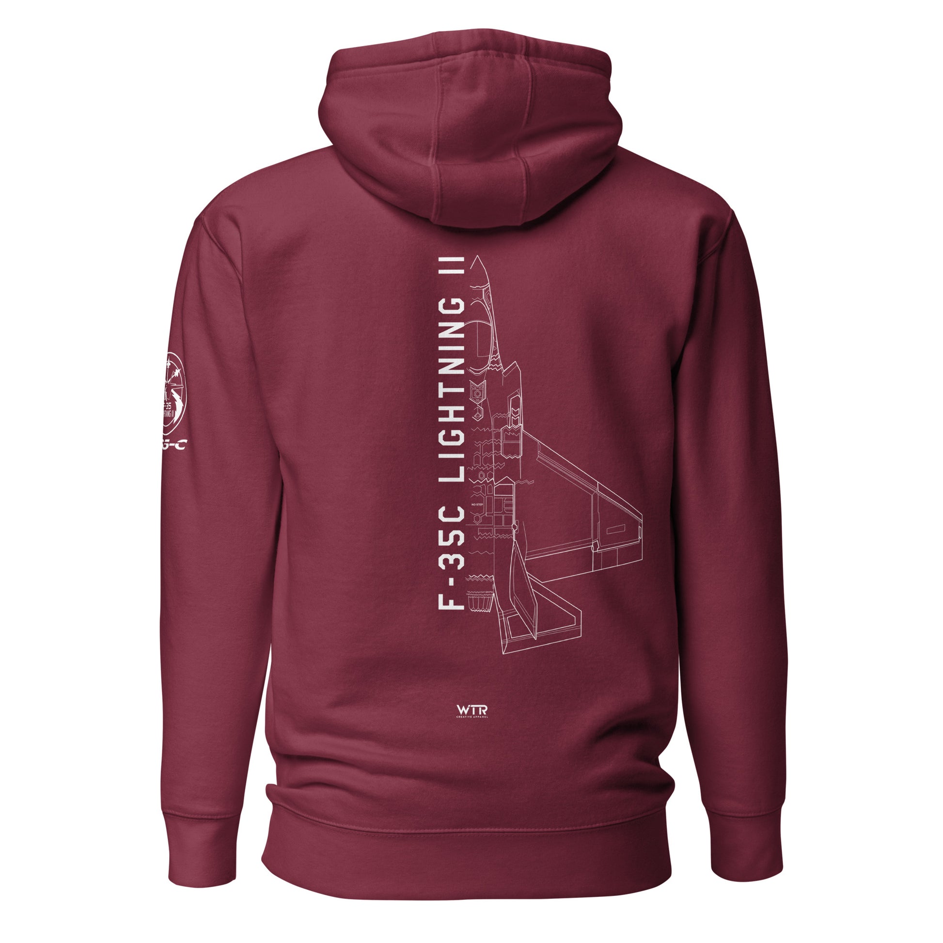 Hand-drawn technical schematic of the Lockheed Martin F-35C Lightning II (CATOBAR) carrier fighter on a unisex hoodie.