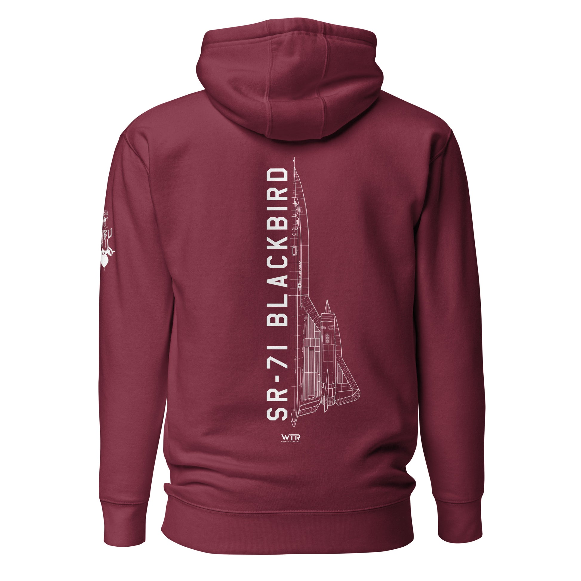 Hand-drawn technical schematic of the Lockheed Martin Skunk Works SR-71 Blackbird "Habu" printed on a unisex hoodie.
