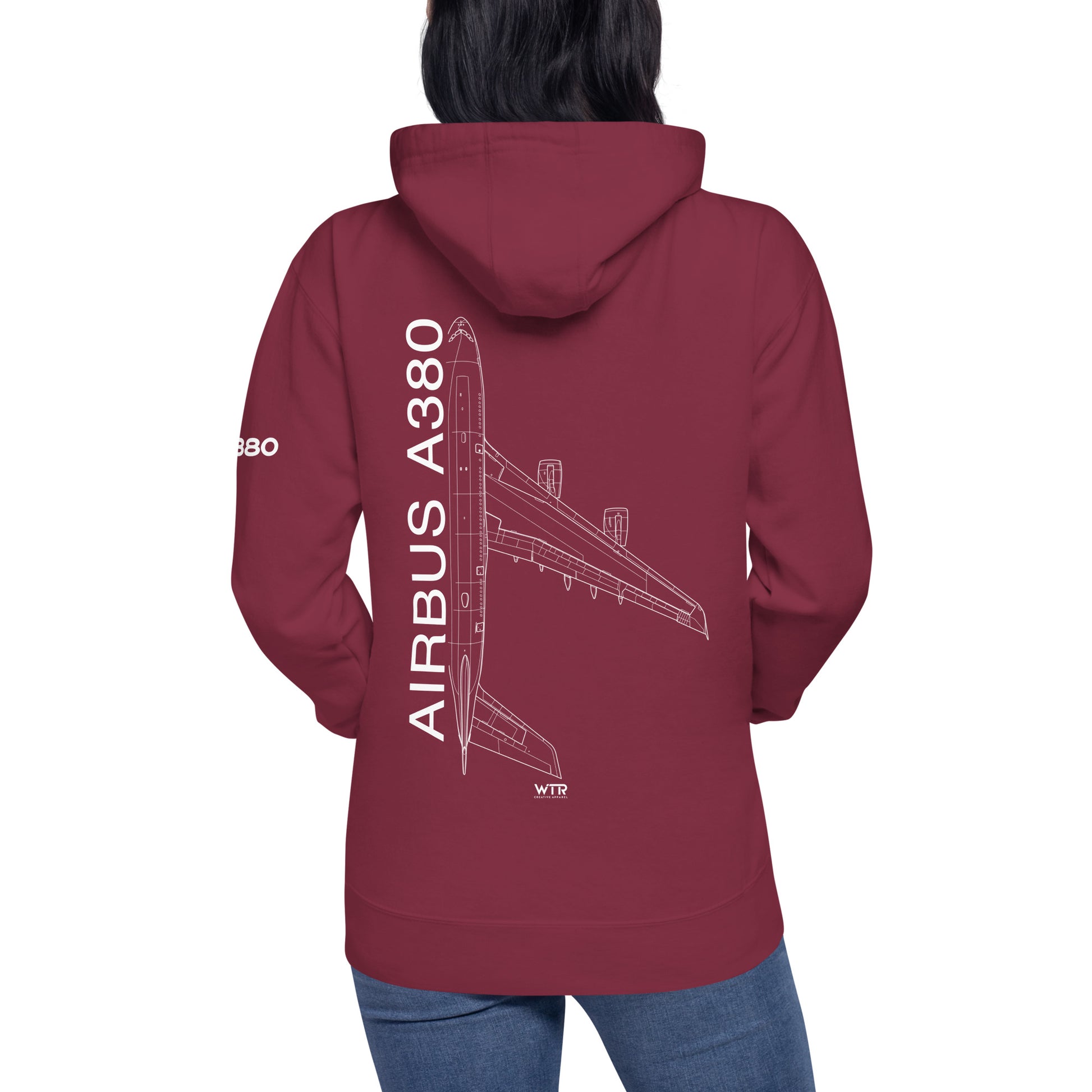 Hand-drawn schematic of the AIRBUS A380 SUPERJUMBO printed on a unisex hoodie.
