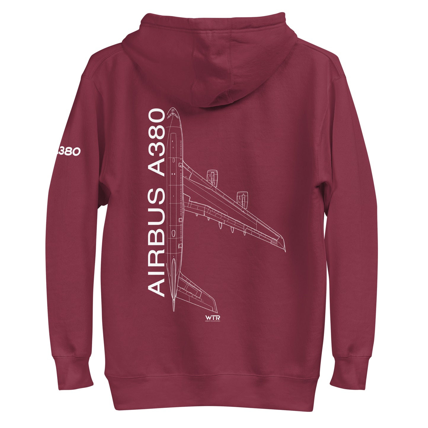 Hand-drawn schematic of the AIRBUS A380 SUPERJUMBO printed on a unisex hoodie.
