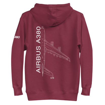 Hand-drawn schematic of the AIRBUS A380 SUPERJUMBO printed on a unisex hoodie.