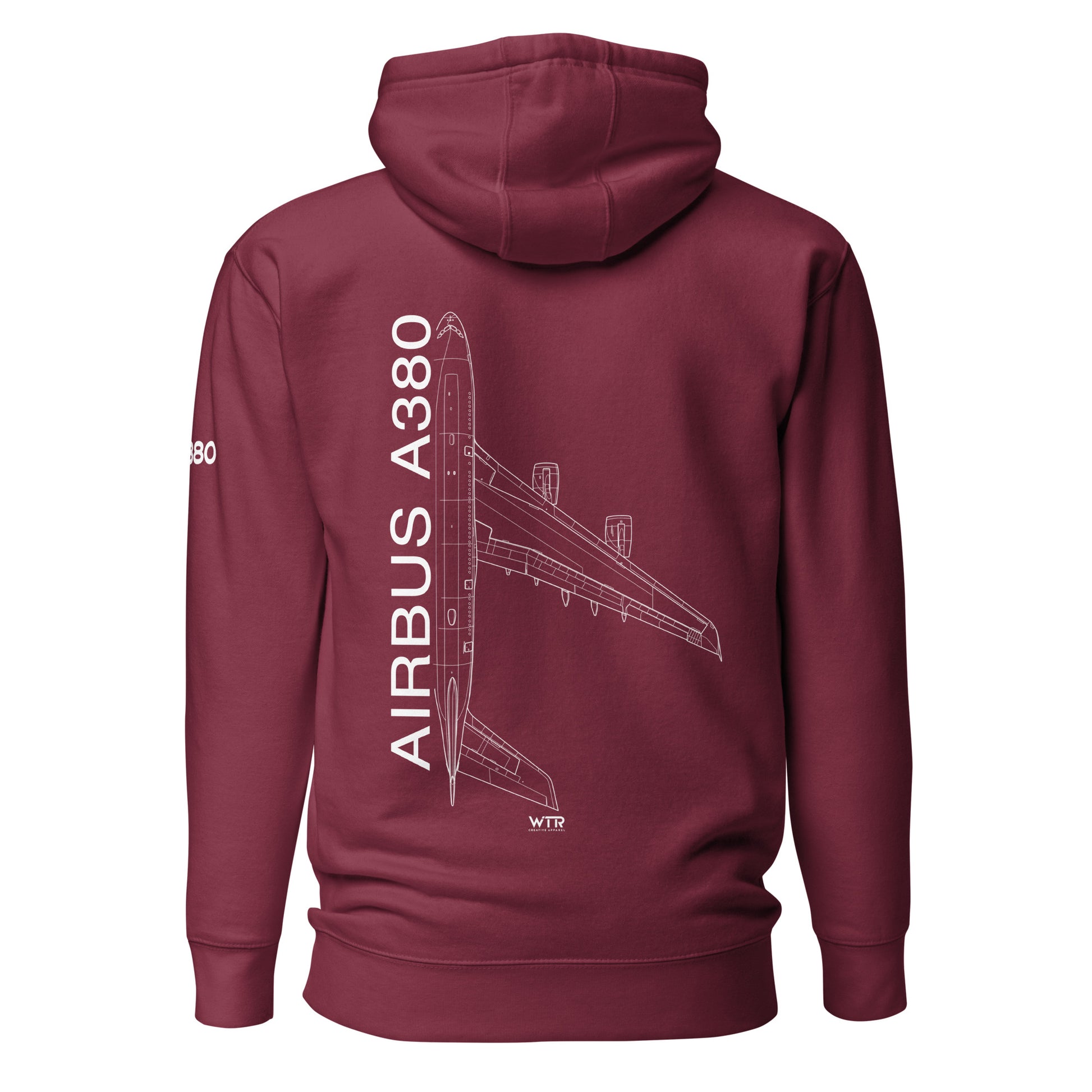 Hand-drawn technical schematic of the Airbus A380 SuperJumbo passenger airliner printed on a comfortable unisex hoodie.