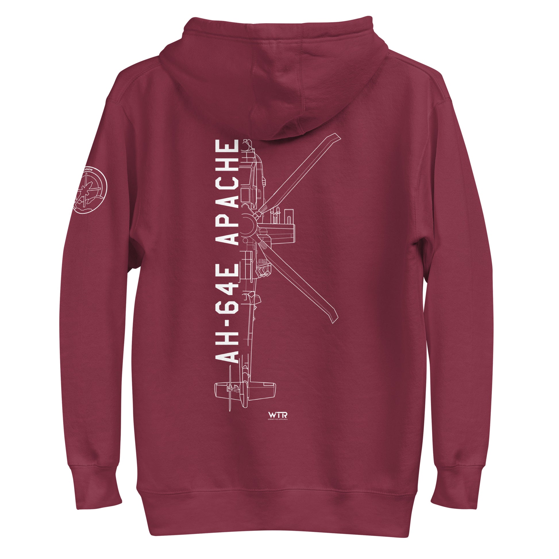 Hand-drawn schematic of the BOEING AH-64E APACHE GUARDIAN printed on a unisex hoodie.