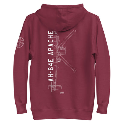 Hand-drawn schematic of the BOEING AH-64E APACHE GUARDIAN printed on a unisex hoodie.