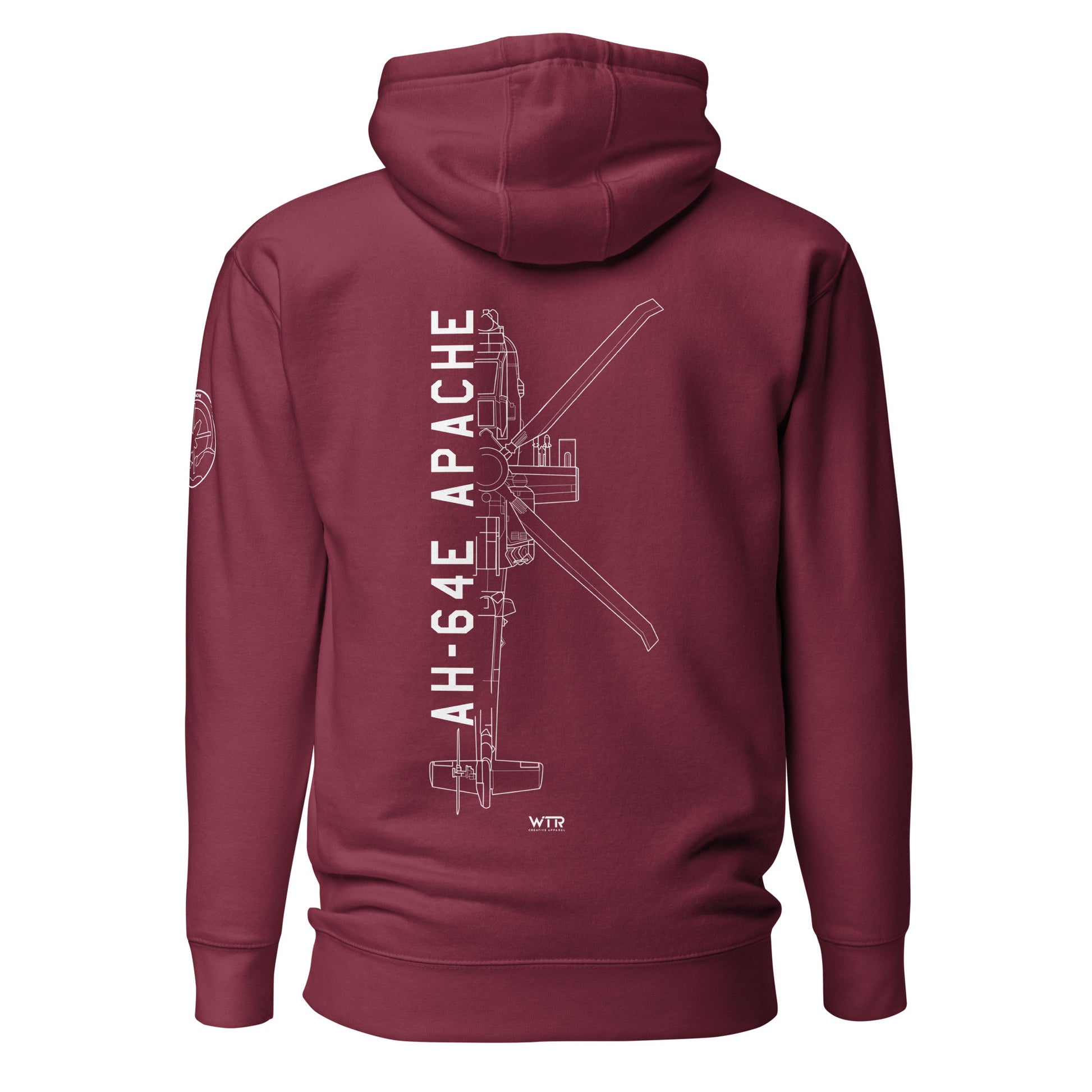 Hand-drawn technical schematic of the Boeing AH-64E Apache Guardian attack helicopter printed on a unisex hoodie.