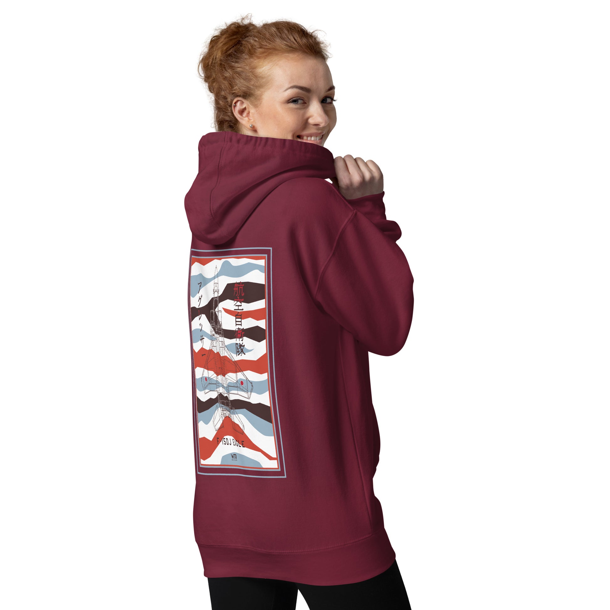 Hand-drawn schematic of the Mitsubishi F-15DJ Eagle Aggressor Minokasago Lionfish camouflage livery printed on a unisex hoodie.