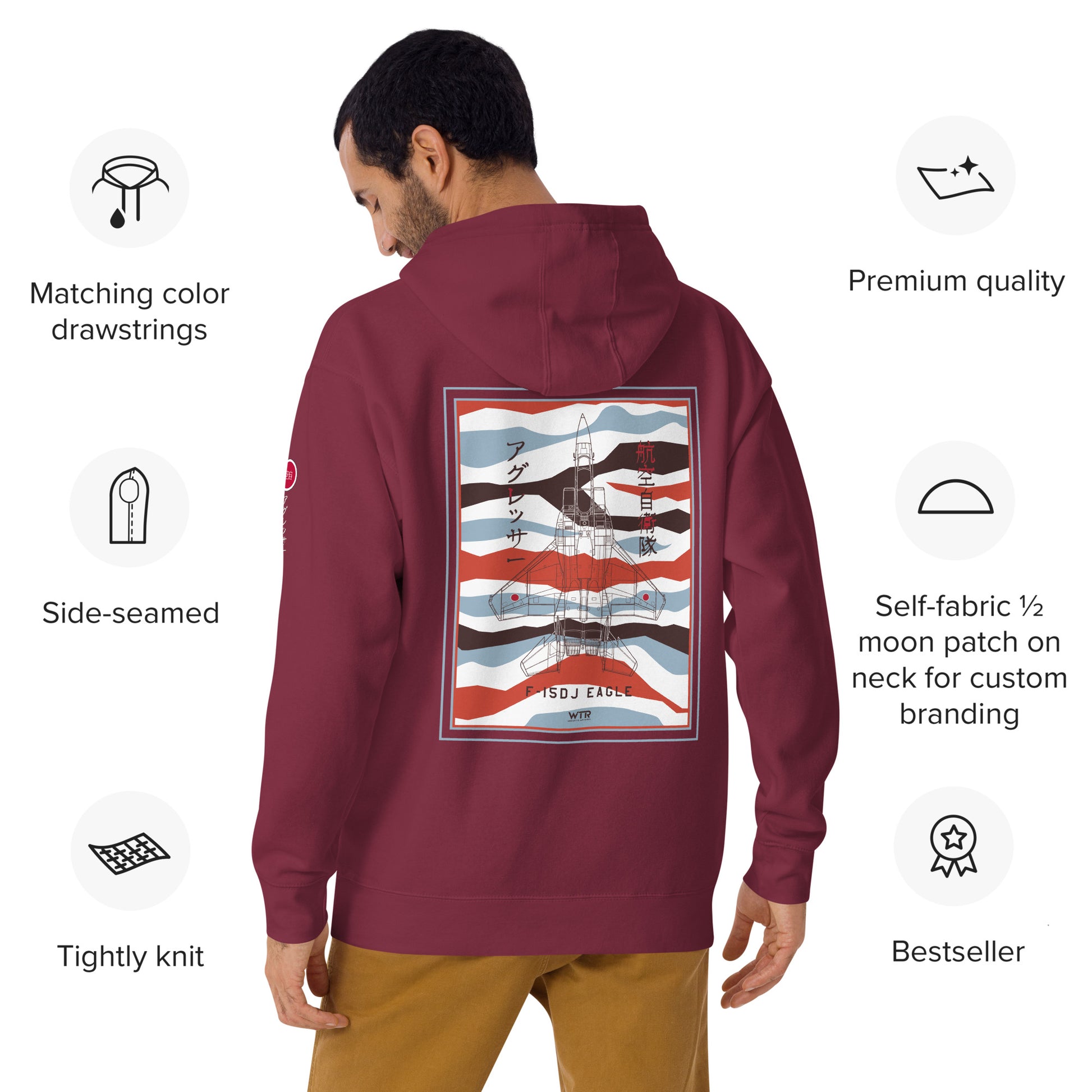 Hand-drawn schematic of the Mitsubishi F-15DJ Eagle Aggressor Minokasago Lionfish camouflage livery printed on a unisex hoodie.