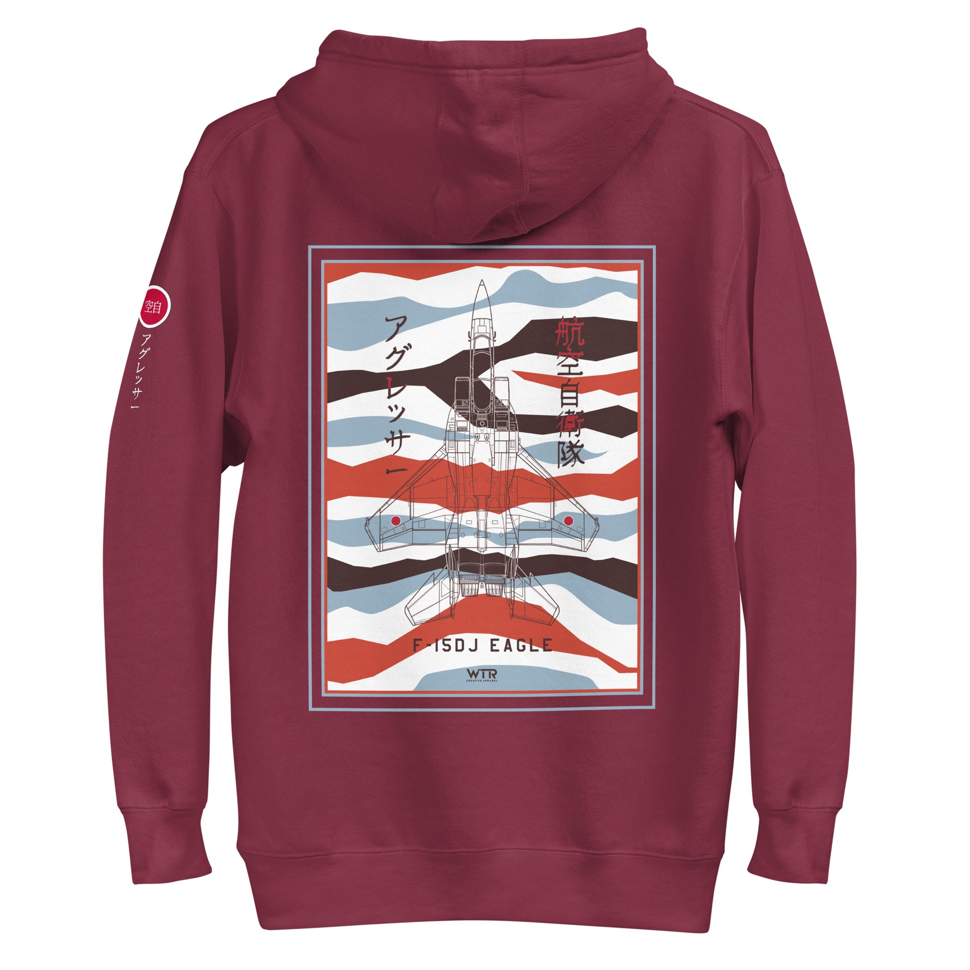 Hand-drawn schematic of the Mitsubishi F-15DJ Eagle Aggressor Minokasago Lionfish camouflage livery printed on a unisex hoodie.