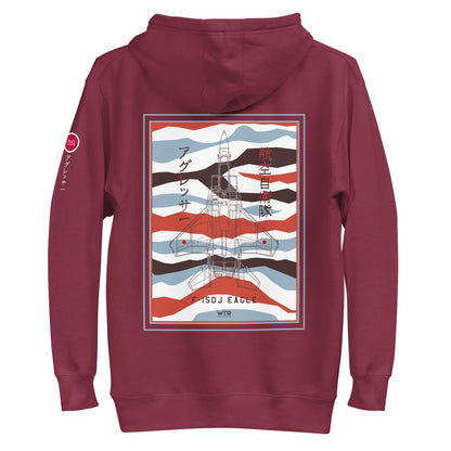 Hand-drawn schematic of the Mitsubishi F-15DJ Eagle Aggressor Minokasago Lionfish camouflage livery printed on a unisex hoodie.