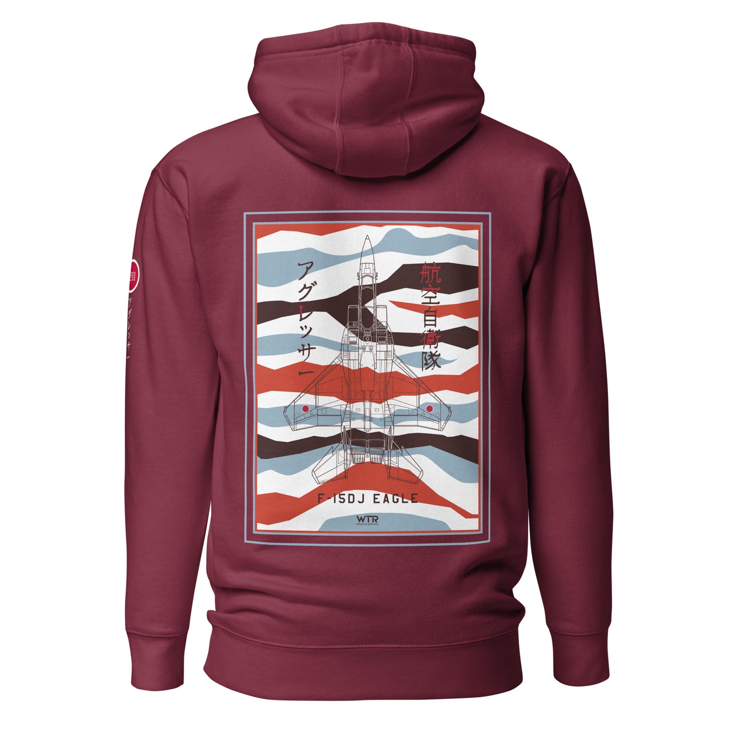 Hand-drawn schematic of the Mitsubishi F-15DJ Eagle Aggressor Minokasago Lionfish camouflage livery printed on a unisex hoodie.