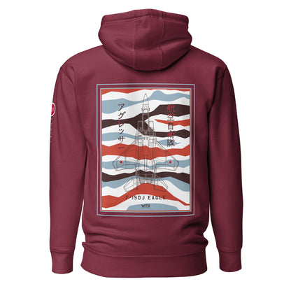 Hand-drawn schematic of the Mitsubishi F-15DJ Eagle Aggressor Minokasago Lionfish camouflage livery printed on a unisex hoodie.