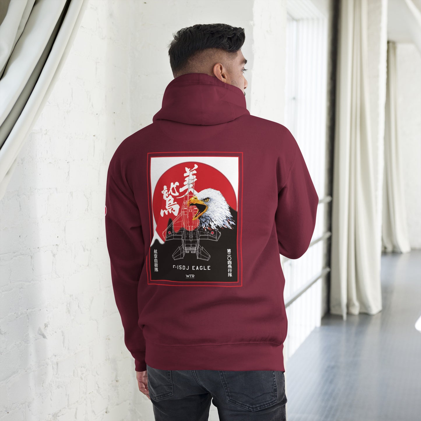 Hand-drawn schematic of the Mitsubishi F-15J Eagle 204th Tactical Fighter Squadron 2024 Churashima Air Fiesta livery on a hoodie.