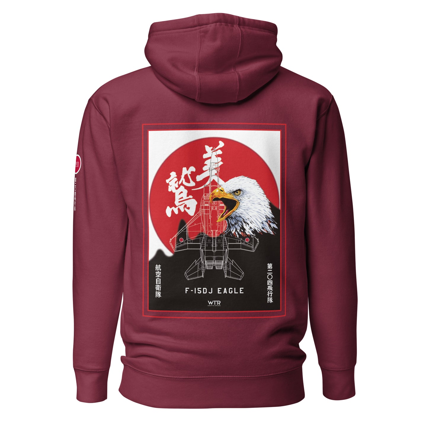 Hand-drawn schematic of the Mitsubishi F-15J Eagle 204th Tactical Fighter Squadron 2024 Churashima Air Fiesta livery on a hoodie.