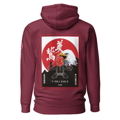 Hand-drawn schematic of the Mitsubishi F-15J Eagle 204th Tactical Fighter Squadron 2024 Churashima Air Fiesta livery on a hoodie.