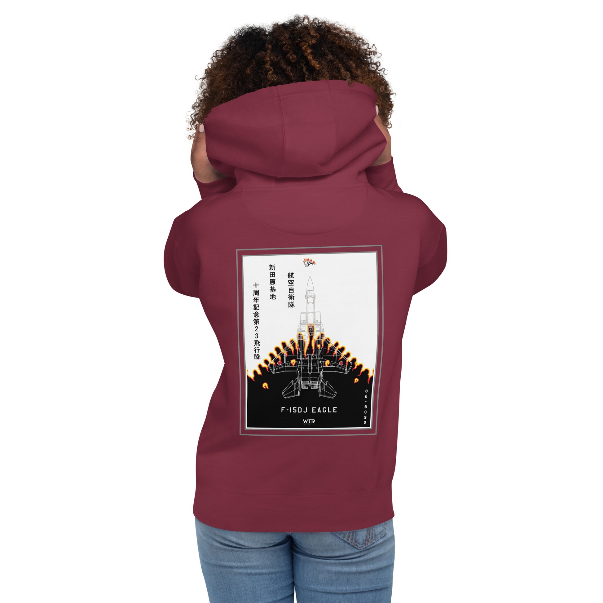 Hand-drawn schematic of the Mitsubishi F-15DJ Eagle 23rd Fighter Squadron 10th Anniversary Flame Edition livery on a unisex hoodie.
