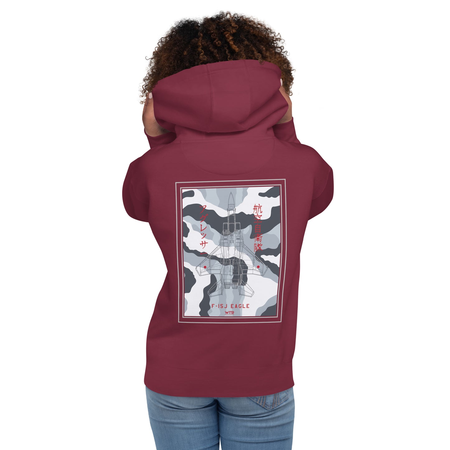 Hand-drawn technical schematic of the Mitsubishi F-15J Eagle JSDAF Aggressor camouflage livery printed on a unisex hoodie.