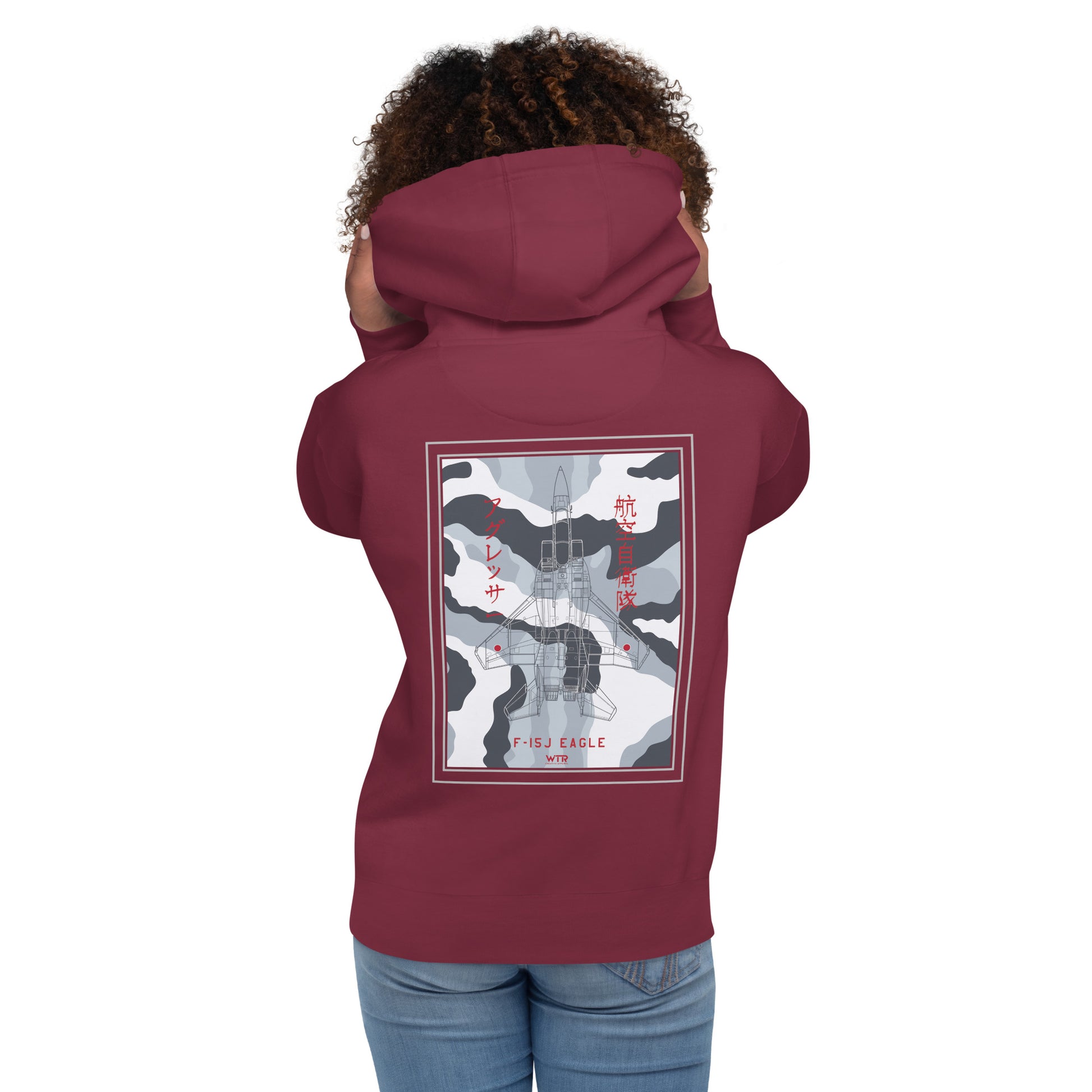 Hand-drawn technical schematic of the Mitsubishi F-15J Eagle JSDAF Aggressor camouflage livery printed on a unisex hoodie.