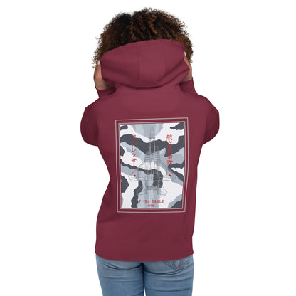 Hand-drawn technical schematic of the Mitsubishi F-15J Eagle JSDAF Aggressor camouflage livery printed on a unisex hoodie.