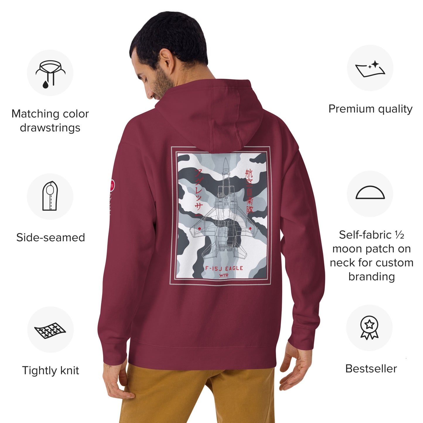 Hand-drawn technical schematic of the Mitsubishi F-15J Eagle JSDAF Aggressor camouflage livery printed on a unisex hoodie.